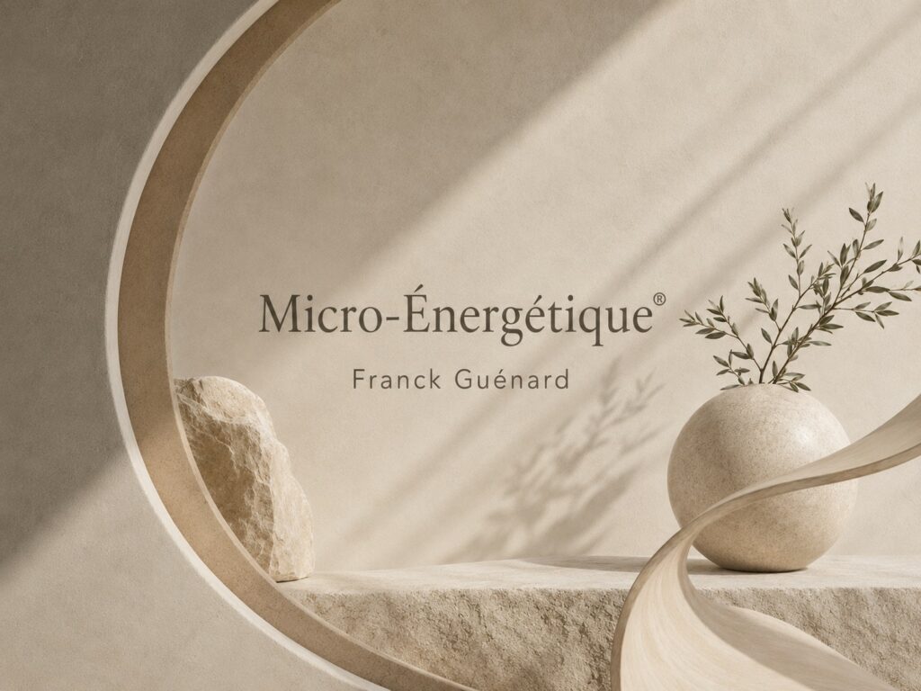 Composition douce de pierre, de bois et de feuillage, issue de l’identité visuelle Micro Énergétique.